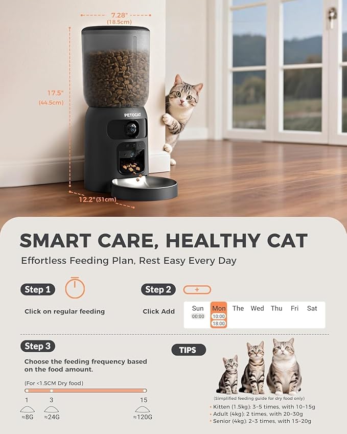 5L Automatic Cat Feeder with Dual 2K HD Camera, 2.4G / 5G WiFi Cat Food Dispenser with Cats Recognition& Diet Tracking, Laser Interactive Toy & Two-Way Audio