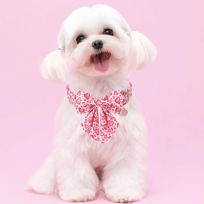 Valentine’s Day Dog Collar with Bow Tie, Pink Heart Bowtie Collar with Metal Buckle, Valentine’s Day Gift Pet Collar for Puppy Girl Boy Dog or Cat, Wedding Dog Collar, M, Neck 13.5-22in
