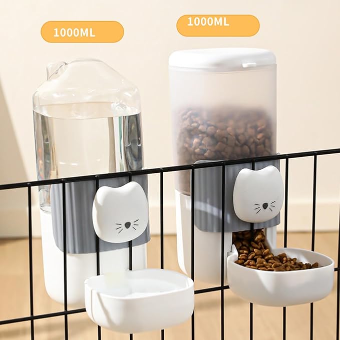 2Pieces Auto Dog Feeder with Cartoon Face Hanging Mount Food Water Bowl Easy Maintenance for Kittens & Puppies Hanging Pet Feeders