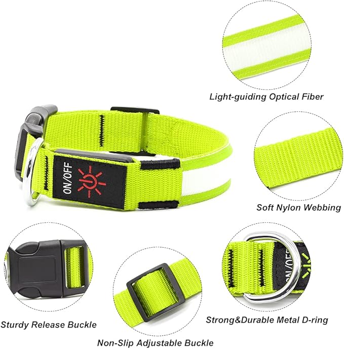 LED Dog Collar, USB Rechargeable Light Up Dog Collars, Adjustable Glow Collars for Dogs, Reusable Safety Dog Collar for Small, Medium, Large Dogs (Green, Small)