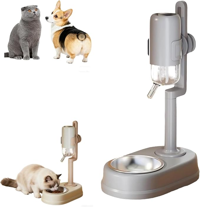 Pet Cat Dog Water Dispenser, 2026 New Pet Standing No Drip Easy Clean Automatic Feeders with Stand, 2 in 1 500ml Multifunctional Detachable Height for Dogs Cats (Gray)