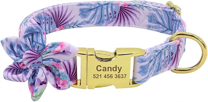 Flower Custom Dog Collar Leash Floral Printed Nylon Pet Dog Collars Lead Personalized Puppy Collars for Small Medium Large Dog 151 Purple M