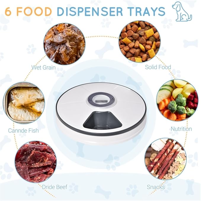 GUTTATY Automatic Pet Food Feeder Dispenser with 6 Trays, 128ml Capacity, LED Display, White/Grey