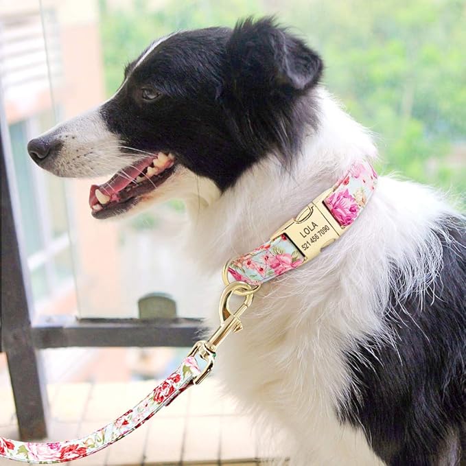 Personalized Floral Dog Collar and Leash Set Custom Small Medium Large Dog Pet ID Collar Lead Flower Print Dog Engraved Collars Pink Set L