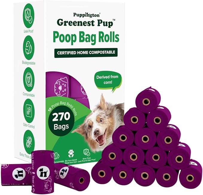 Puppington Certified Home Compostable Poop Bags - ASTM D6400 Compliant - 270 Extra Thick Bags - Plant Based - Pairs with Puppington 3-in-1 Bag & Fits all Standard Poop Bag Dispensers (Plum Wine)