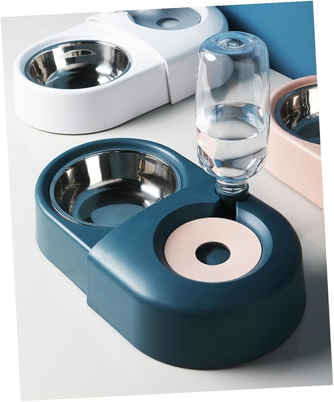 SUPVOX Automatic Pet Feeder and Water Bowl for Dogs and Cats, Anti-Spill Design with Food and Water Compartments, Blue Plastic Pet Supply for Home Use