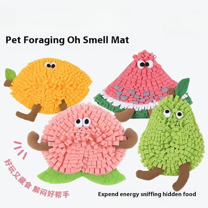 Fruit Shaped Snuffle Mat for Dogs and Cats, Interactive Slow Feeding Toy with Crinkle Paper BB Squeaker and Bell, Peach Watermelon Lemon Pear Design, Soft Fleece with Non-Slip Bottom (peach)