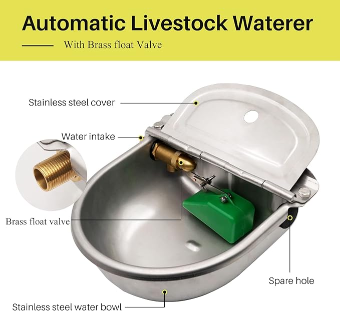 Automatic Water Dispenser for Dogs,304 Stainless Steel Automatic Chicken Waterer,Outdoor Dog Water Bowl with Brass Float Valve,Water Feeder for Livestock Poultry Duck Horse Goat Sheep