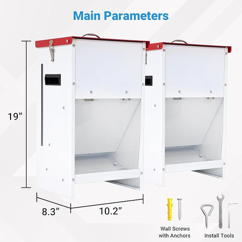 2-Pack Heavy-Duty Metal Dog Feeder - 15LBS Food Capacity Automatic Gravity Dispenser, Powder Coated & Waterproof for Indoor & Outdoor Use, 10.2" L x 8.3" W x 19" H, Red and White