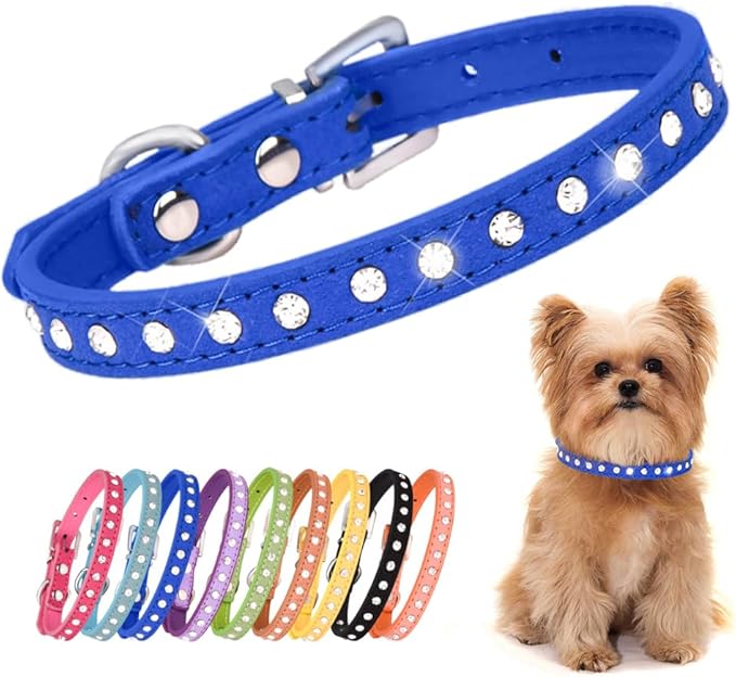 Blue Rhinestone Dog Collars for Small Dogs, Pretty Bling Puppy Collar Crystal Jewel Glitter Diamond Cat Collar for XXS Xs Small Medium Pet Female Dogs Girl, S