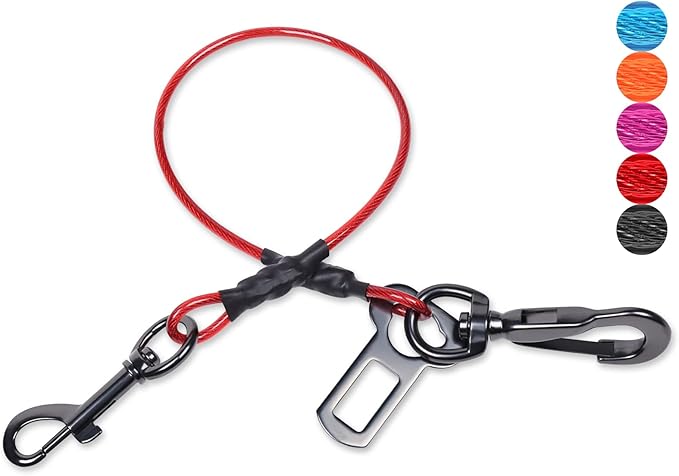 VIVAGLORY Dog Seat Belt Tuffbelt Dog Car Harness, Seatbelt with Clip & Hook for Car Travel, Chew Proof Anti Chew Unchewable Metal Safety Tether Restraint, S, Red