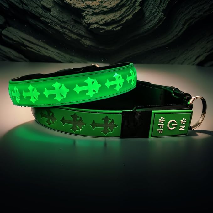 Subversive USB-C led Light up Dog Collar,3D Cross Design Comfortable and Soft Material,Multicolored Lighting (Green with airtag Holder, L(15.7-19.7"))