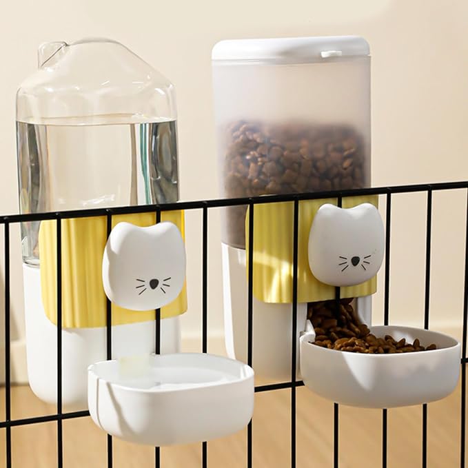 2Pieces Auto Dog Feeder with Cartoon Face Hanging Mount Food Water Bowl Easy Maintenance for Kittens & Puppies Hanging Pet Feeders