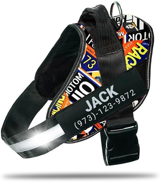 Personalized No-Pull Dog Harness with Name Patch, Adjustable, Reflective, Padded, Heavy Duty Pet Vest to Prevent Tugging, Pulling, or Choking, Training and Walking, Motorsport, XL