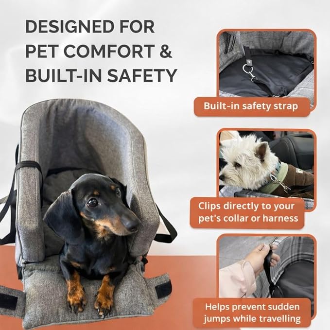 Kumdita' Center Console Car Seat & Carrier for Small Dogs & Cats with Dual Over-Seat Straps, Sewn-in Safety Leash & PE Board Base (Brown)