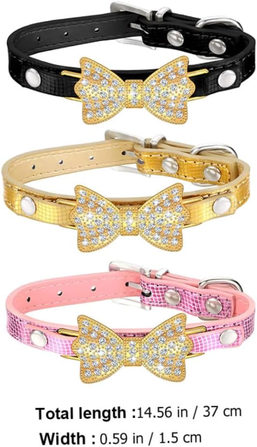 ERINGOGO 3Pcs PU Rhinestone Bowknot Pet Collar Set Small Size Mixed Colors Decorative Bow Pet Neck Collar for Dogs and Cats for Daily Wear