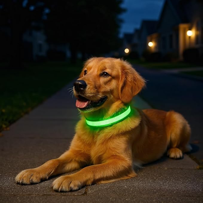 LED Dog Collar USB Rechargeable - Light Up Dog Collar Safety Pet Collars with Lights for Night Walking,Camping (Green, L)