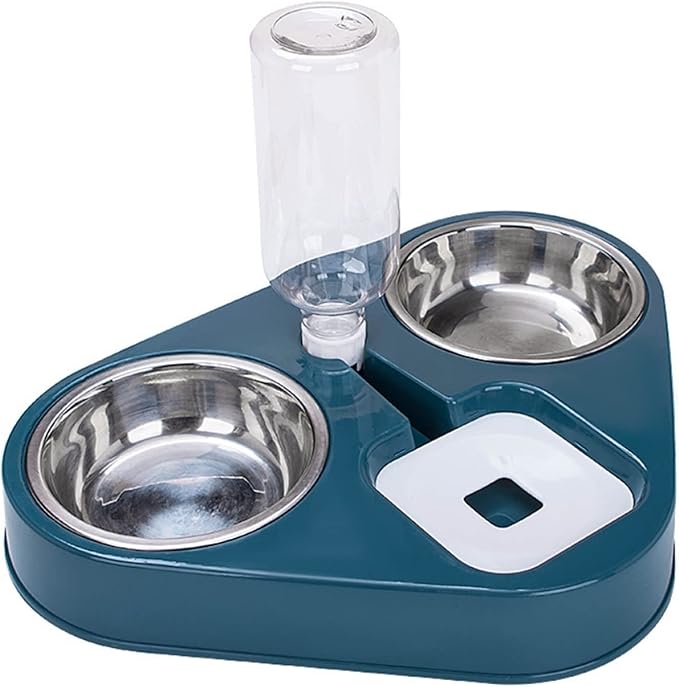 Dog Water Bottles Stainless Steel Pet Cat Food Bowl Double Bowl 3 Bowls Automatic Dog Cat Feeder Bowl Drinking Bowl with 500ml Dog Water Bottle(B)