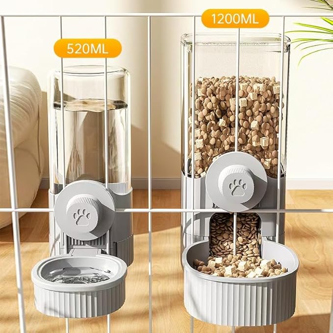 Hanging pet Automatic Feeder Combination -520ml Automatic Water Dispenser,1200ml Automatic Feeder,for cat or Dog, Gray