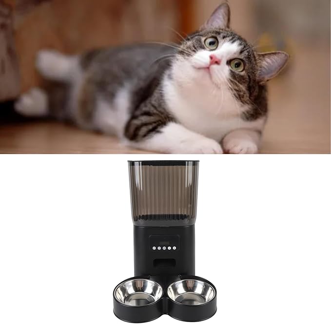 Automatic Cat Feeder, Cat Food Dispenser with Timer Automatic Dog Feeder Feeding Button Control Automatic Cat Food Dispenser for Dog Pet Indoor (Dual Bowls)