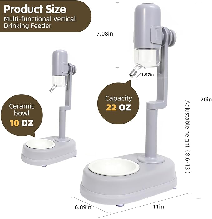 Pet Standing Water Dispenser Cat Dog Standing Ceramic Bowl Automatically Feeding Water Height Adjustable Detachable Pole (White, Large)