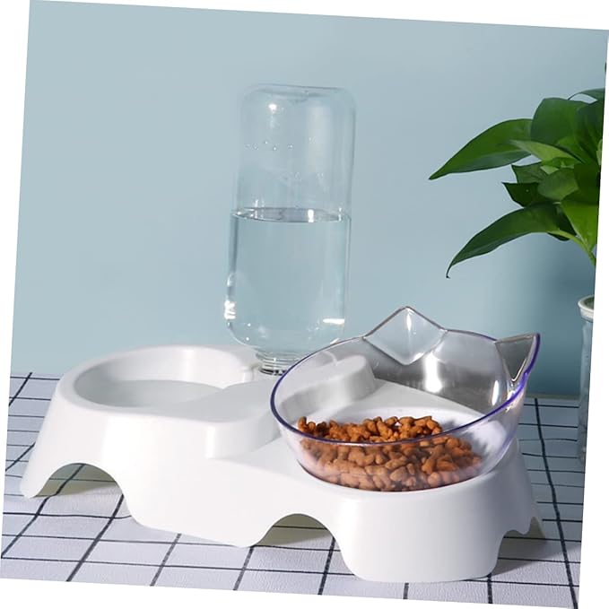 Dual-Bowl PET Feeder Set Automatic Water Dispenser 15° Tilted Cat and Dog Food Bowls for Small to Medium Pets