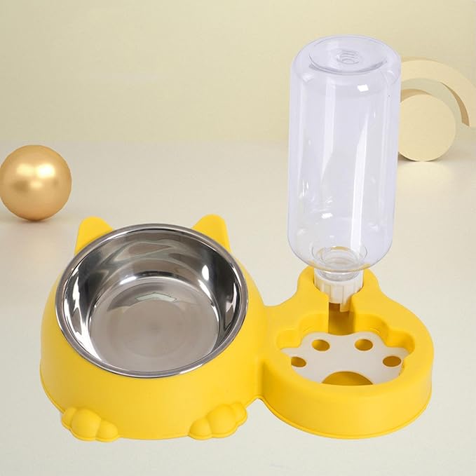 Dog Bowl with Automatic Water Bottle Practical Pets Water and Food Bowl Set for Small Medium Dogs Puppy- Yellow