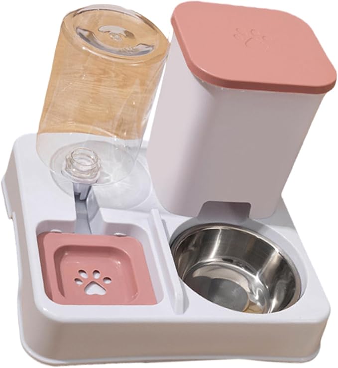 Square Feeder + Stainless Steel Basin 2IN1 Automatic Feeder for Small Dog Cats Food Feeder Double Bowl Food Container and Water Dispenser Pet Dishware