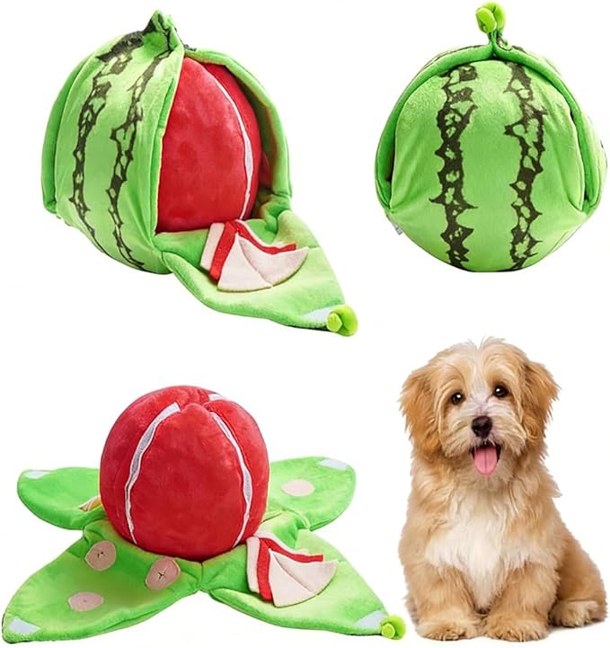 RJDJ Orange Hide-and-Seek Plush Dog Toy, Interactive Squeaky Watermelon Dog Toy with Hidden Pockets, Watermelon Snuffle Toy for Boredom Small Medium Dogs (1PC-B)