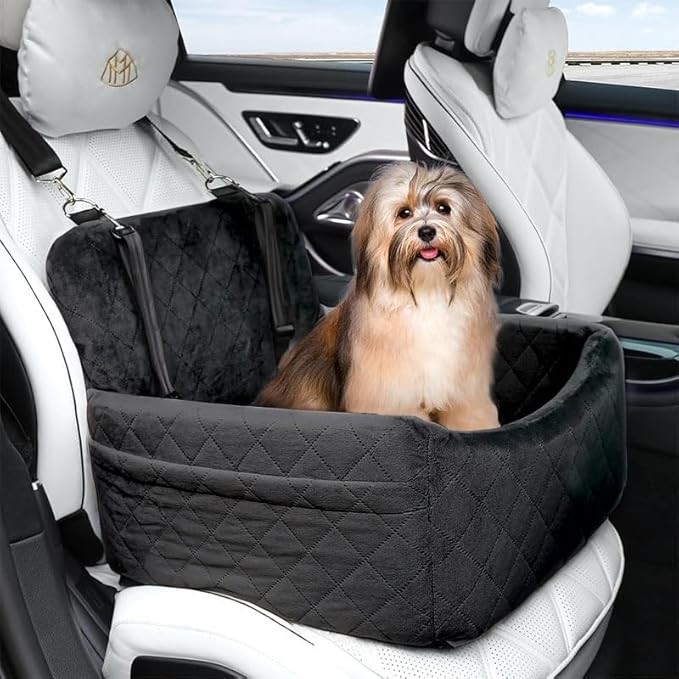 Deluxe Pet Car Seat, Booster Car Seats with Thick Cushionb for Dogs Up to 20 lbs, Detachable Washable Pet Travel Safety Bed with 2 Storage Pockets,and 2 Safety Belts (Black)