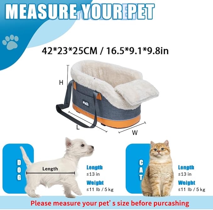 Pet Car Center Console Elevated Armrest Car Seat for Small Puppy, Dogs & Cats (Up to 10 lbs) – Dark Gray Washable Plush Carrier with Safety Leash, Fits Front Vehicle Console Space