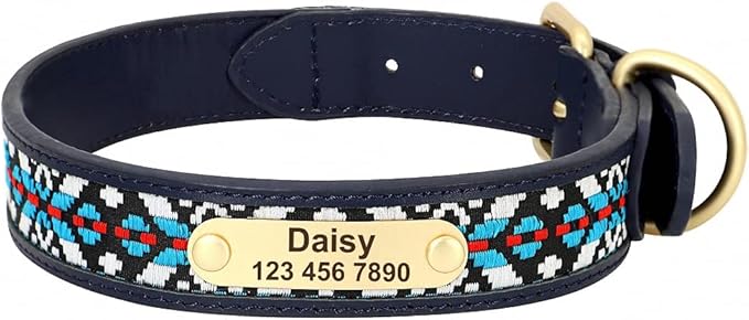 Exotic Custom Dog Collars PU Leather Personalized Pet Name ID Collar Padded Ethnic Collars Adjustable for Small Medium Large Dog Navy Blue L