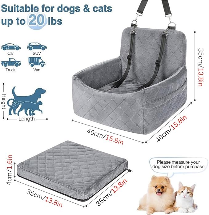 Dog Booster Car Seat for Small Medium Dogs, Memory Foam Elevated Pet Car Seat with 2 Safety Leashes, Fully Detachable Washable Cover & Anti-Slip Bottom(Grey)
