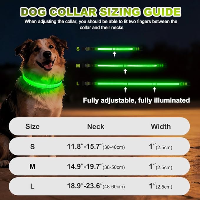 LED Dog Collar, Light Up Dog Collar Adjustable USB Rechargeable High Visibility Dog Light Glowing Pet Collars for Small Medium Large Dogs (Green, M)