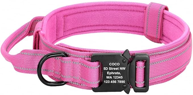 Military Tactical Pet Dog Collar Personalized Custom Nylon Reflective Small Medium Large Dog Collars Engraved ID Name Adjustable Pink L