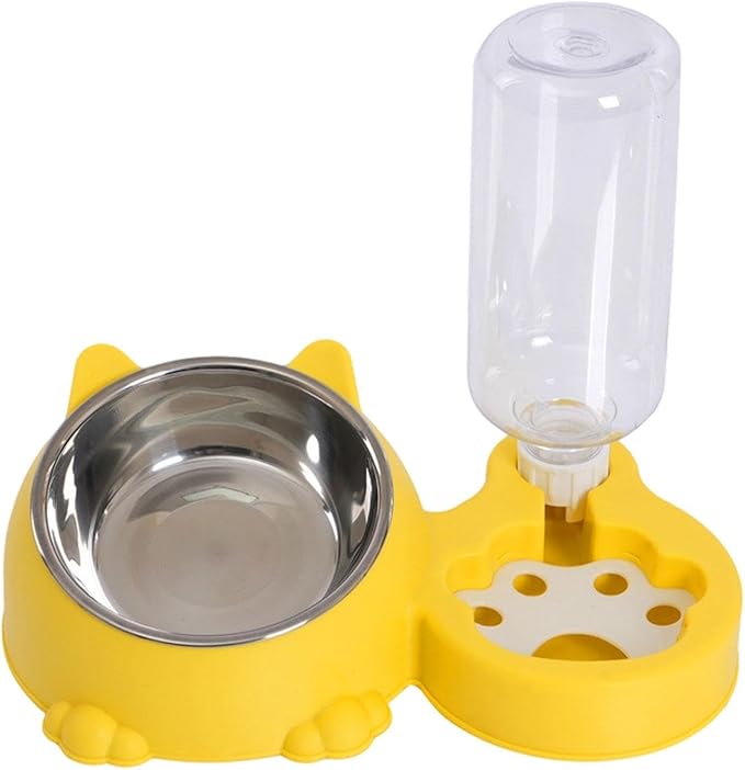 Dog Bowl with Automatic Water Bottle Practical Pets Water and Food Bowl Set for Small Medium Dogs Puppy- Yellow