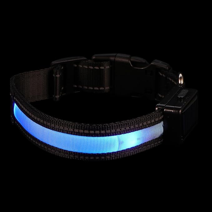 BESTonZON LED USB Rechargeable Flashing Dog Collar, Solar Illuminated Safety Puppy Collar, Blue Small Size for Outdoor Walks and Nighttime Visibility