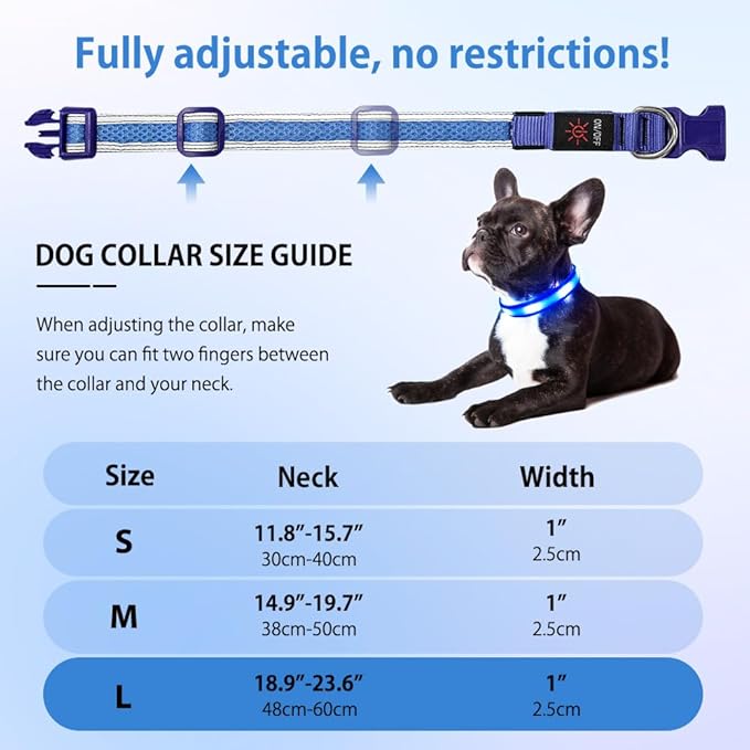 Illumifun LED Dog Collar, USB Rechargeable Light Up Collar Glow in The Dark, Reflcetive Safery Pet Light for Large Dogs Walking at Night (Large, Light Blue)