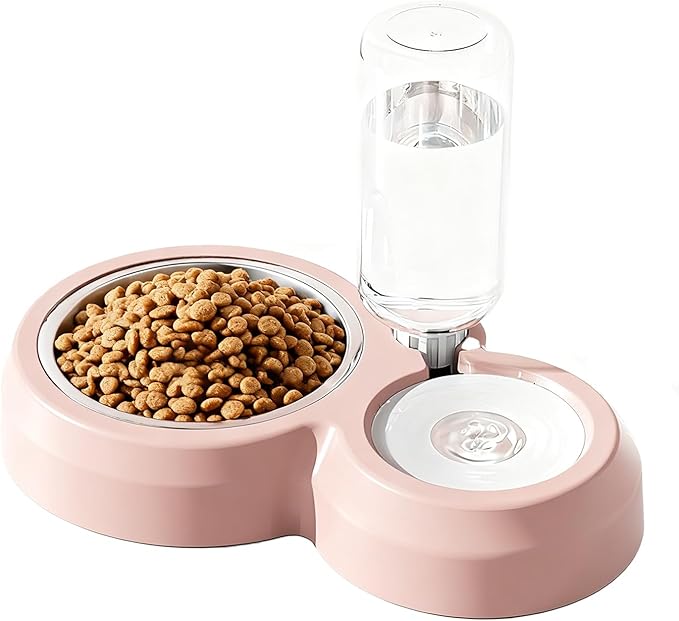 JAY D.L Double Dog Bowls, Cat Food and Water Bowl Set with Water Dispenser and Stainless Steel Bowl Gravity Feeder for Small or Medium Size Dogs Cats Rabbits (Pink)