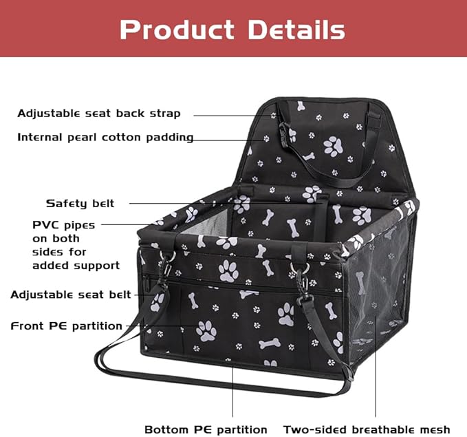 Dog Car Seat Vehicle Carrier Bag for Cats and Dogs Portable Puppy Booster,Washable Foldable Pet Travel Carrier Cage with Breathable Design, Safety Lock, and Scratch-Resistant 600D Oxford Cloth
