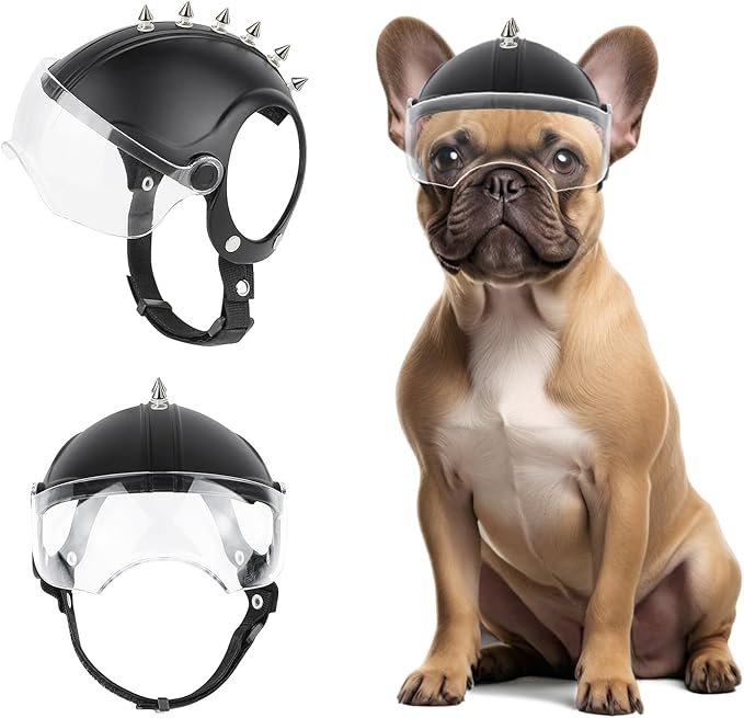 PETLESO Dog Helmet with Anti-UV Clear Goggles, Small Dog Motorcycle Helmet with Ear Holes, Drop-Down Biking Helmet, Adjustable Hat for Small Dogs Heads Protection with Rivets