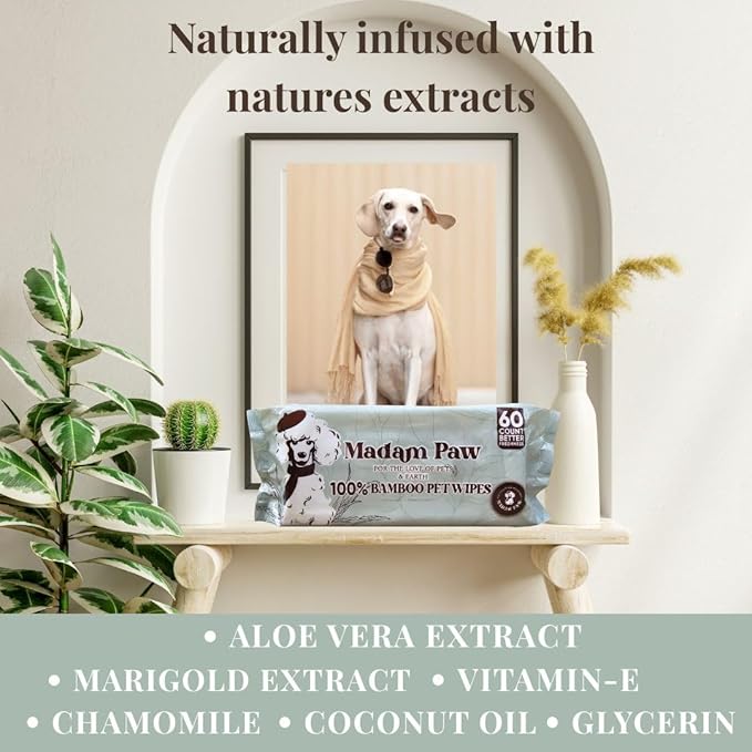 XL Organic Unscented Pet Wipes - Paws Body Butt - Plant Based Bamboo Pet Wipes - Thick Hypoallergenic & Textured for Cleansing & Gentle Hydrating Cat & Puppy Dog Wipes for Travel