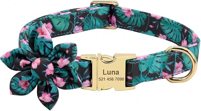 Flower Custom Dog Collar Printed Pet Nylon Dogs Collar Personalized Chihuahua Puppy Collars for Small Medium Large Dog Green S