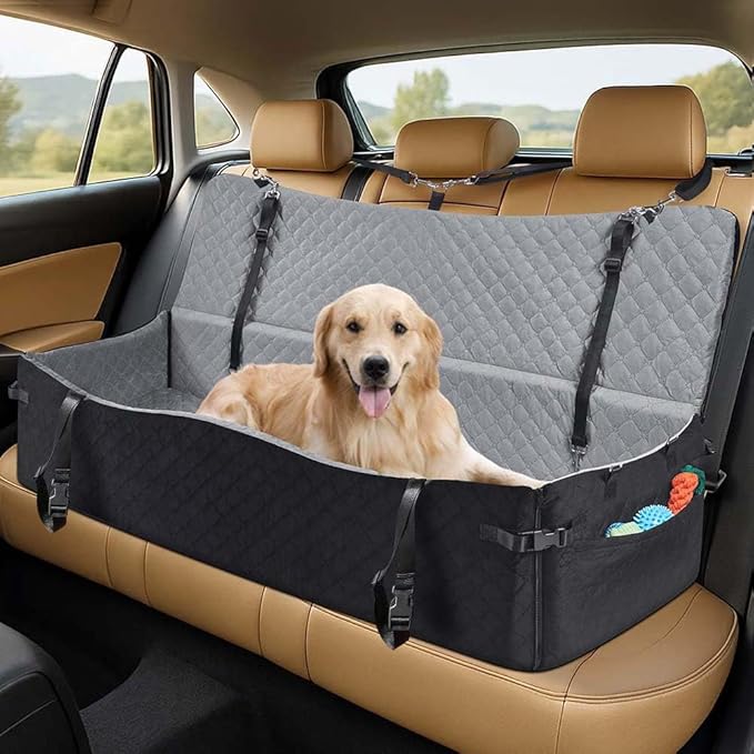 unipaws Dog Car Seat for Medium/Large Dogs up to 120lbs, Pet Booster Seat with 2 Safety Belts & Side Pockets, Easy Front/Side Entry, Detachable, Washable Pet Car Bed for Backseat (Black/Grey)
