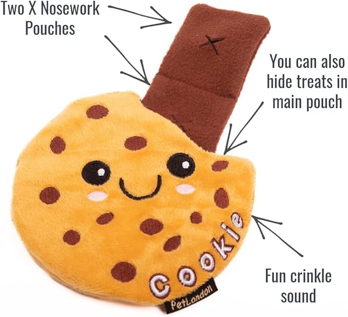 Pet London Nosework Cookie Dog Toy-Hide & Seek for treats, snuffle and encourage foraging for dogs, plush soft toy with crinkle sound