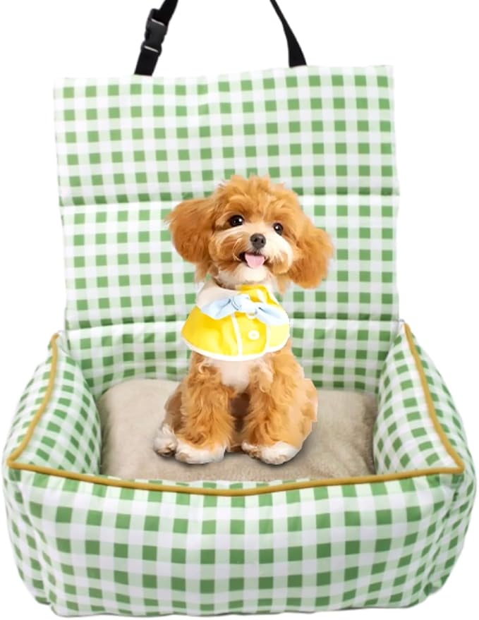 Pet Car Booster Seat for Small Dogs & Cats up to 25 lbs – Plaid Travel Seat with Safety Leash, Adjustable Straps, Non-Slip Base, 2-in-1 Convertible Bed, Detachable & Washable (Green Plaid)