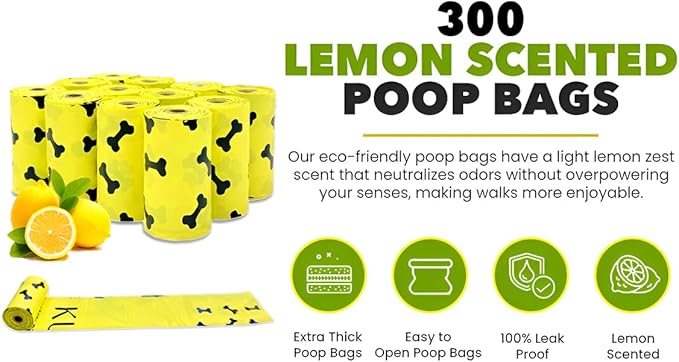 Compostable Dog Poop Bags – 300 Lemon Scented Corn Starch Blend Bags – Biodegradable, Leak-Proof & Extra Thick Pet Waste Bags for Dog – Eco-Friendly Puppy Poop Bag, Pet Supplies