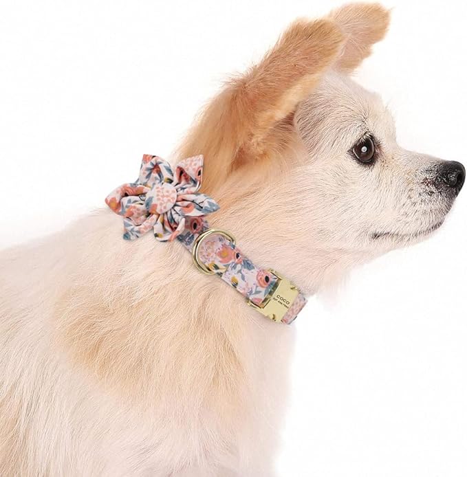 Custom Flower Dog Collar Nylon Floral Printed Pet Dog Collars Personalized Puppy Collar for Small Medium Large Dogs Cat Pitbull 145 Orange M