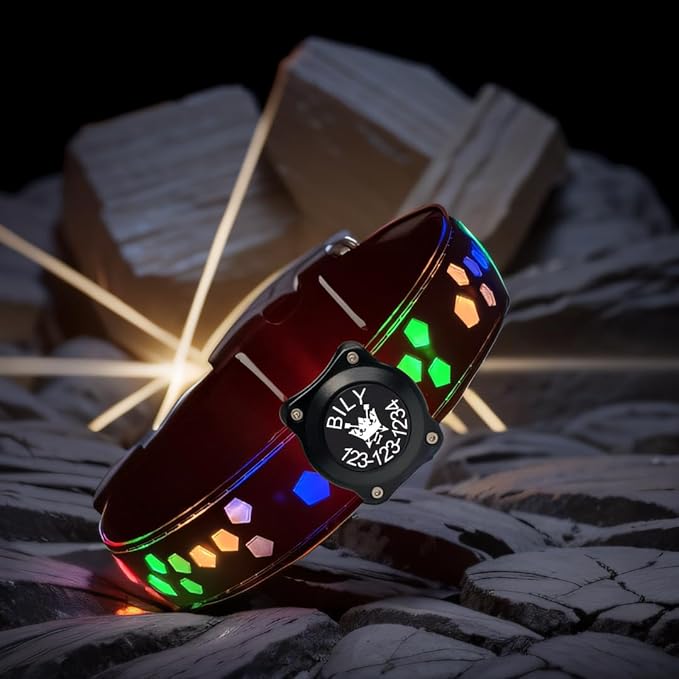 customerlized Personalized Dog Collar USB Rechargeable, Waterproof airtag Holder LED Light Up Dog Collar Adjustable Soft Silicone Collar for Medium Large Dogs (Black PRO, S(7.87-11.8"))