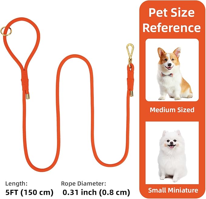 Durable Handwoven Dog Leash for Small & Medium Dogs, 5/16 inch Rope Lead with Anti-Tangle Swivel Clip, Soft & Lightweight, 5FT Long – Ideal for Daily Walking & Training (Orange)